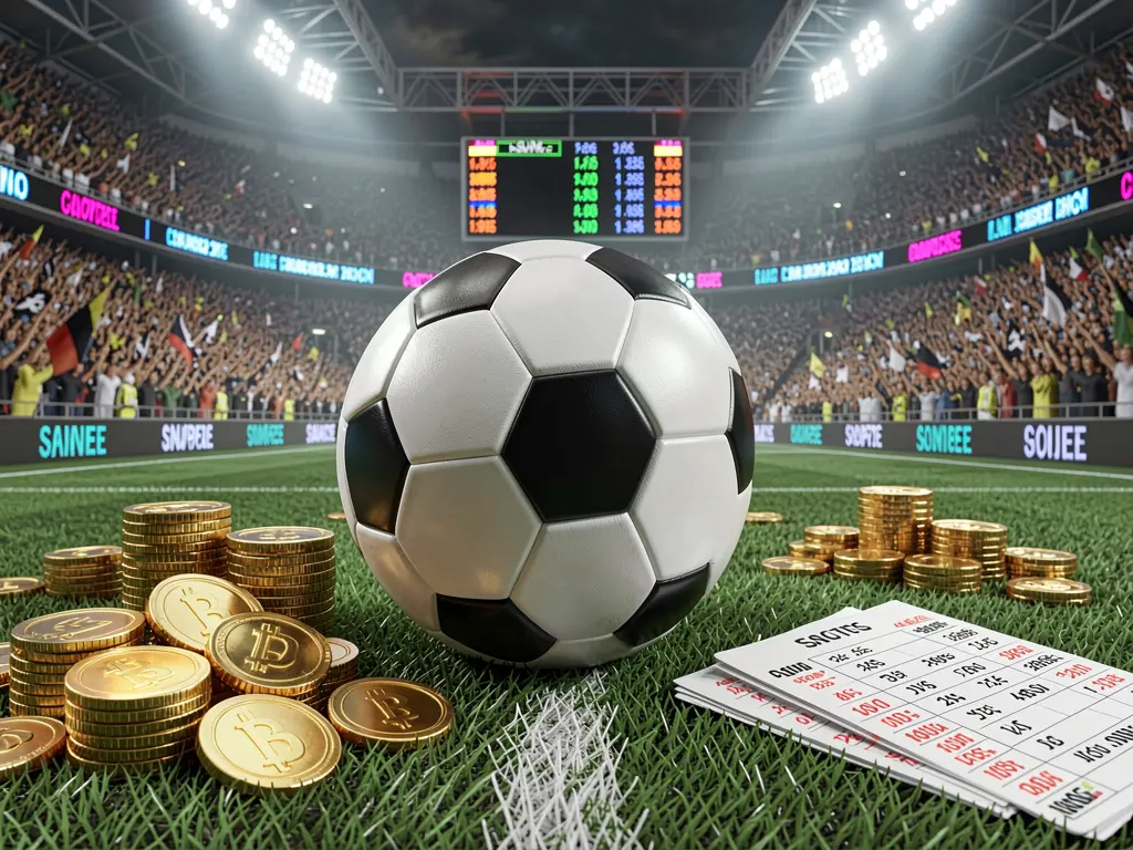 Cena premium de apostas esportivas 5k5k5k mostrando um campo de futebol 3D realista com público no estádio, uma bola de futebol, moedas douradas, elementos de bilhete de aposta e painéis de cotações em neon com detalhes vibrantes
