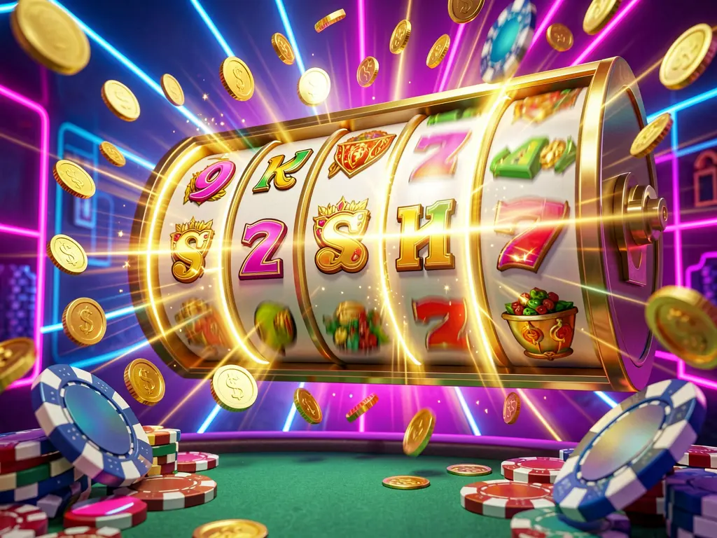 Conceito de bônus de rodadas grátis de cassino online 5k5k5k apresentando rolos coloridos de máquinas caça-níqueis girando com efeitos de luz dourada, moedas voando, símbolos de jackpot, fichas de cassino sobre uma mesa e um fundo neon vibrante em uma renderização 3D dinâmica