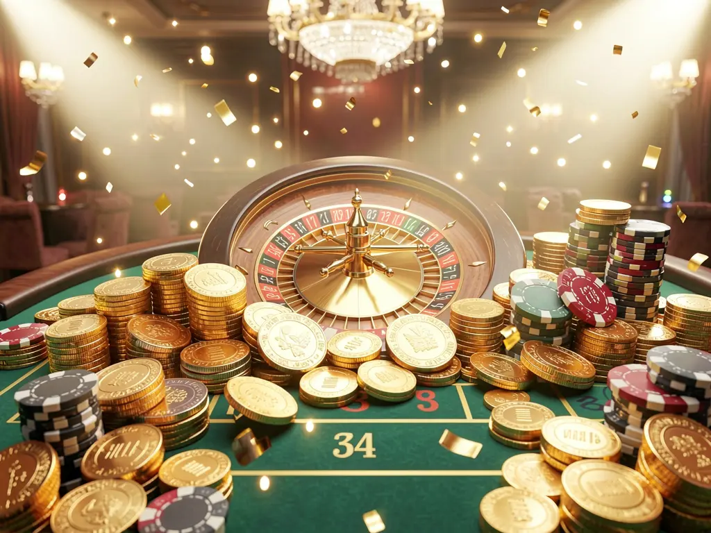 Cena de jackpot de cassino 5k5k5k com moedas douradas, fichas de pôquer coloridas, uma roda de roleta e luzes brilhantes criando uma atmosfera de celebração luxuosa em uma renderização 3D realista