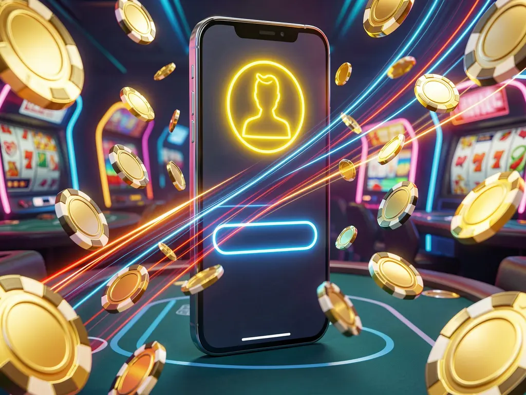 Banner de login rápido do cassino 5k5k5k apresentando um smartphone com um ícone de usuário brilhante, rastros de luz de velocidade e moedas douradas e fichas voando ao redor em um estilo moderno de cassino neon