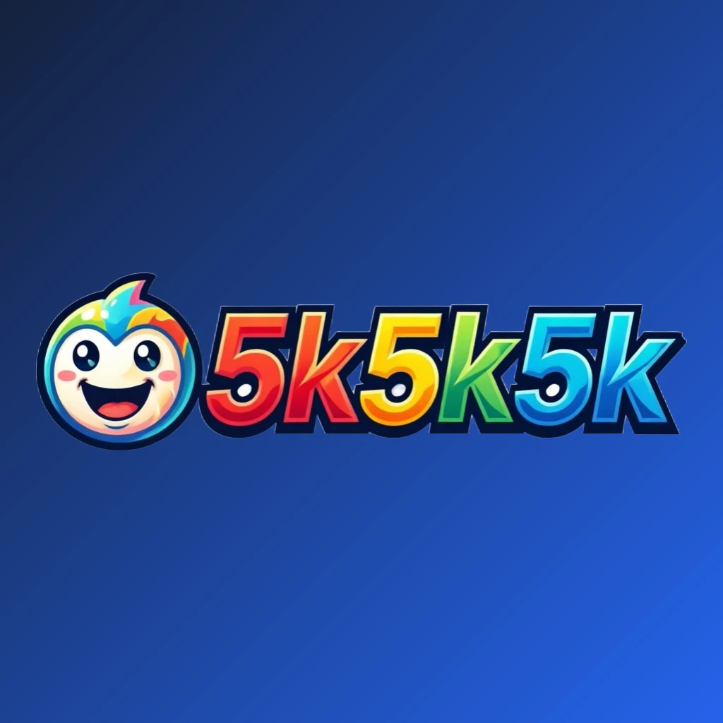 Logo mascote da marca 5k5k5k com personagem amigável, letras em negrito e estilo colorido de marca de jogos, composição horizontal retangular para cabeçalho de site com fundo transparente
